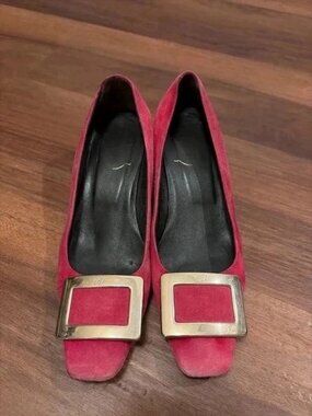Authentic Roger Vivier Red Suede Block Heel Pumps with Buckle, Size 6.5